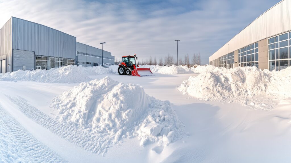 A snow plow is actively clearing a parking lot at an industrial building, removing heavy snow from the ground