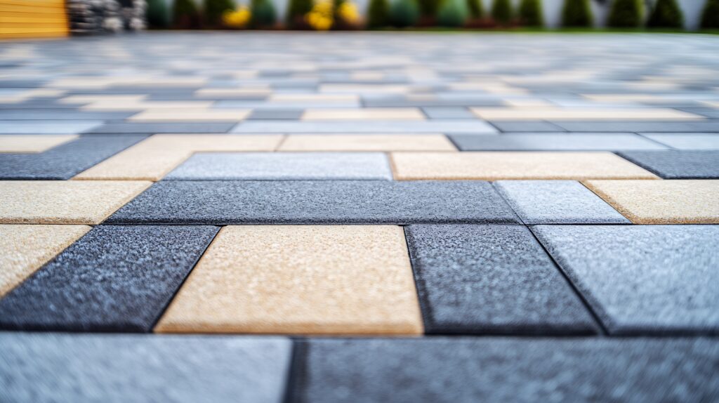 Closeup of Designer Patterned Pavers Creating a Unique Sidewalk Texture in Contemporary Landscaping : Generative AI