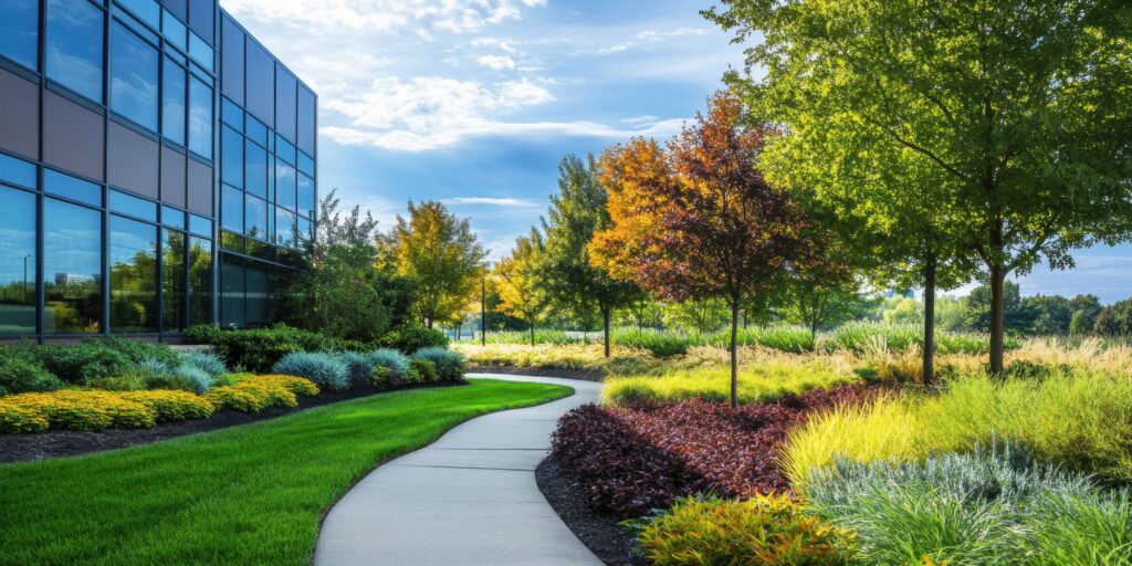 Landscaped Corporate Office Building Pathway with Lush Greenery and Colorful Autumn Trees under a Bright Sunny Sky