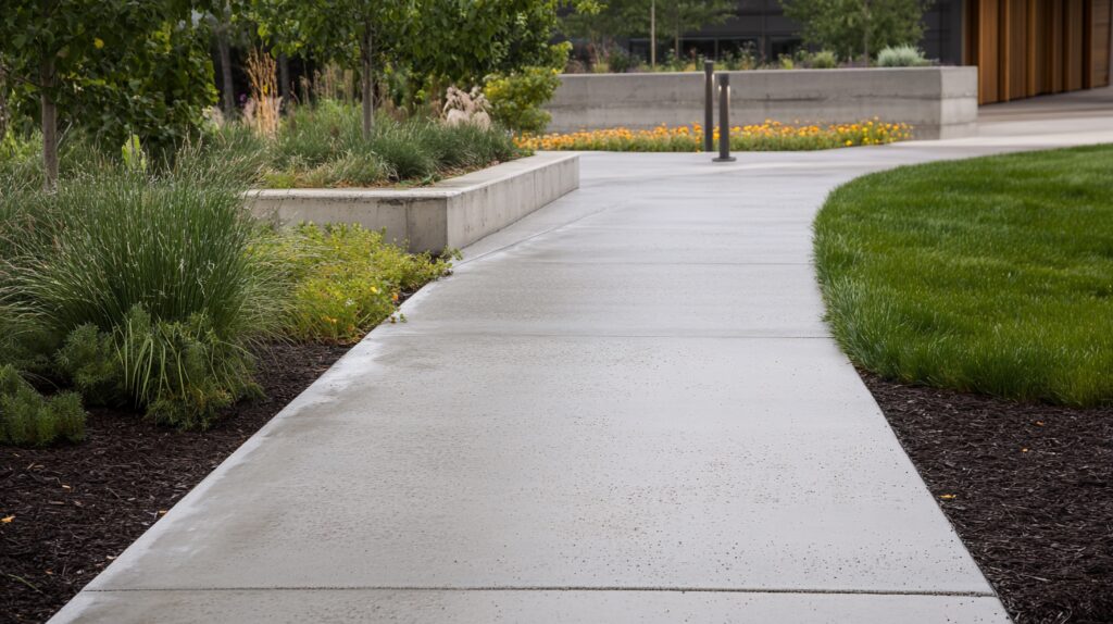Modern Concrete Pathway Through Lush Landscaping