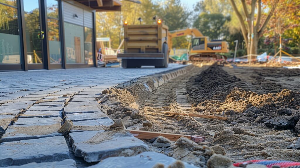 Close view of a hardscaping site, showing detailed placement of brick pavers on sand, alongside heavy construction equipment and tools